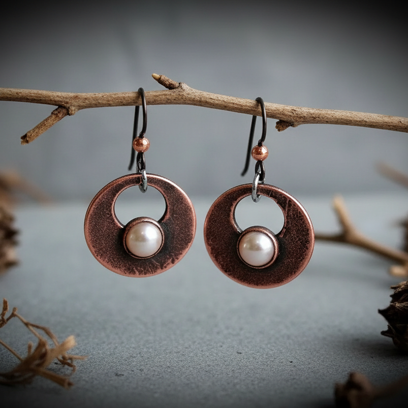 Pearl Copper Disc Earrings — Branch Scene