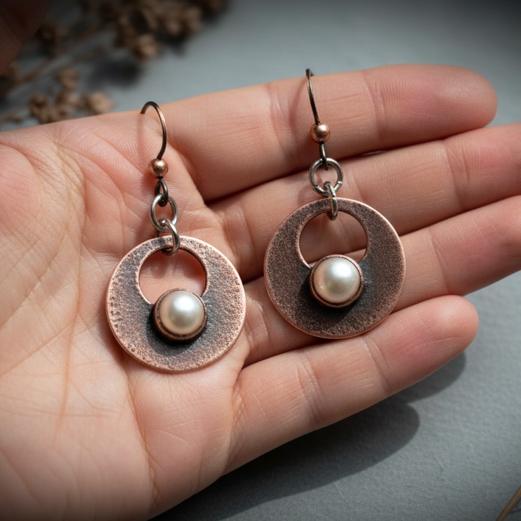 Pearl Copper Disc Earrings — Hand Shot
