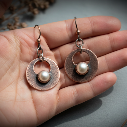 Pearl Copper Disc Earrings — Hand Shot