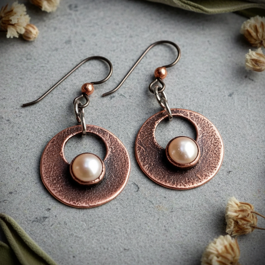 Pearl Copper Disc Earrings — Hero