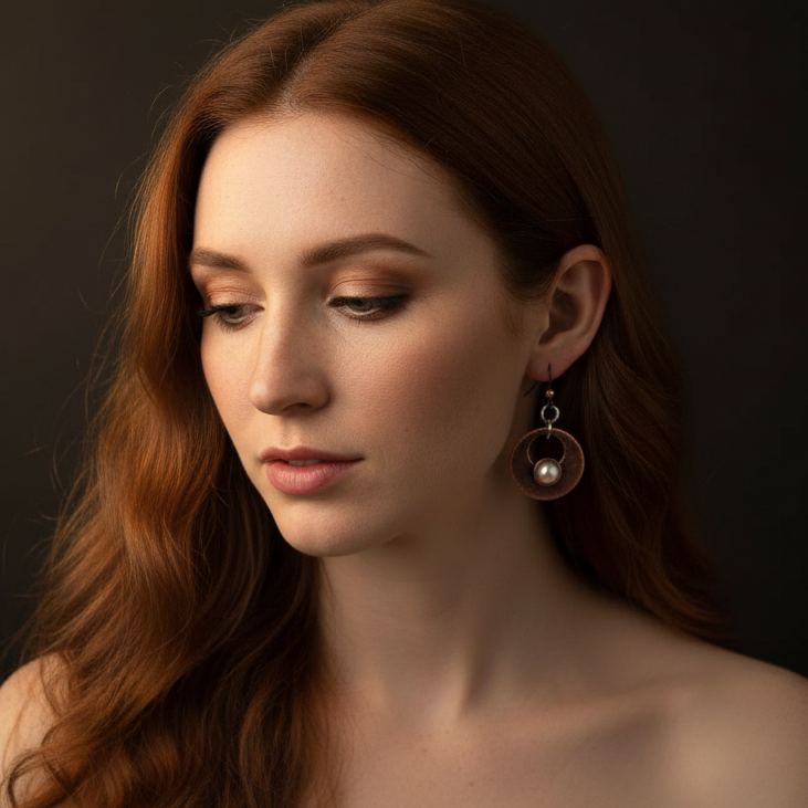 Pearl Copper Disc Earrings — Model Shot