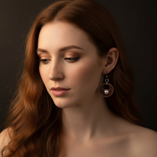 Pearl Copper Disc Earrings — Model Shot