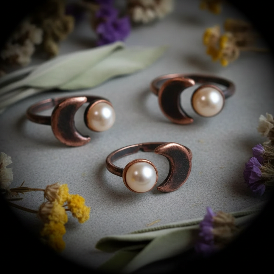 Pearl Crescent Moon Ring — Antique Copper Hero