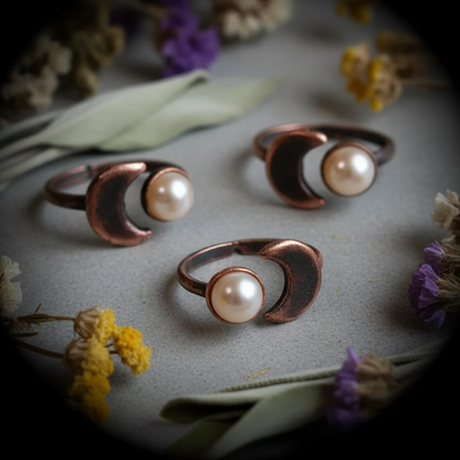 Pearl Crescent Moon Ring — Antique Copper Hero