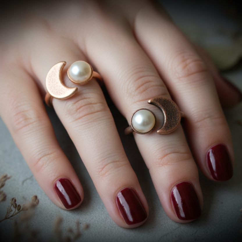 Pearl Crescent Moon Ring — Hand Shot Dark Red Nails