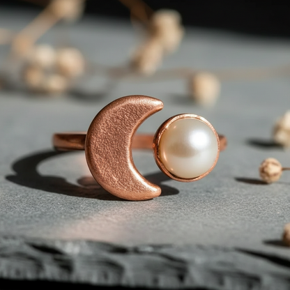 Pearl Crescent Moon Ring — Macro
