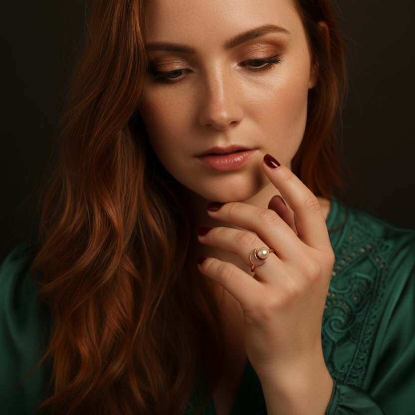 Pearl Crescent Moon Ring — Model Shot Boho Luxe