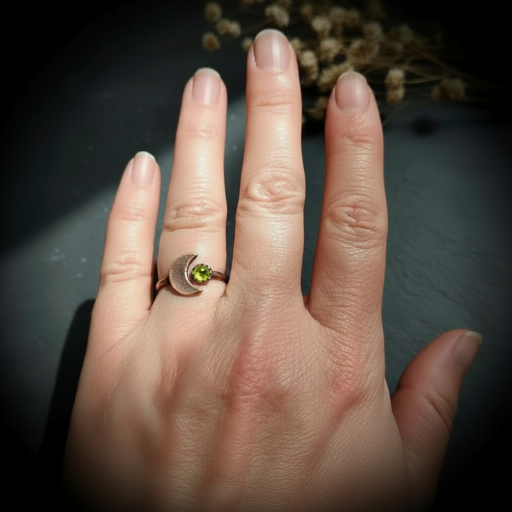 Peridot Moon Ring - Hand