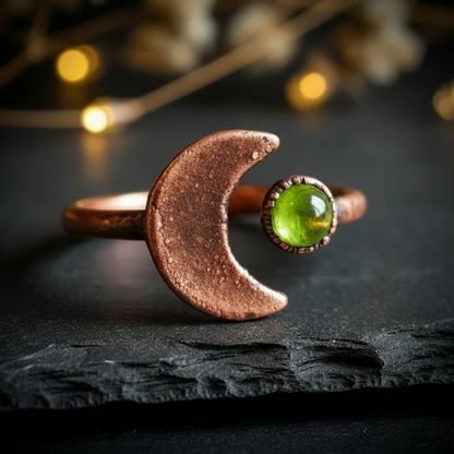 Peridot Moon Ring - Hero bokeh