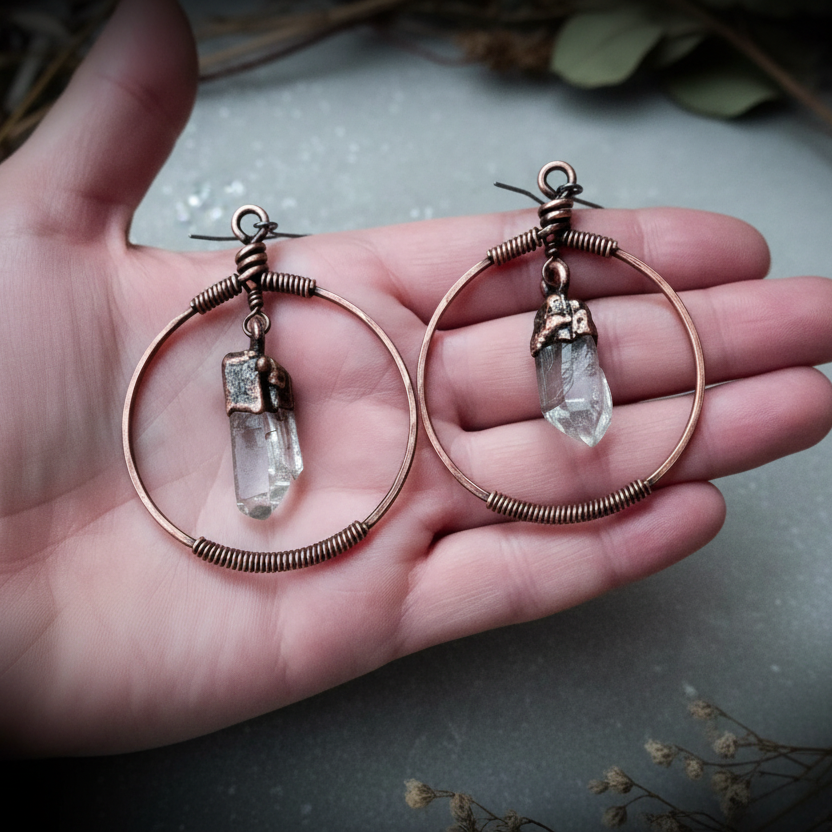 Quartz Point Hoop Earrings — Hand Shot