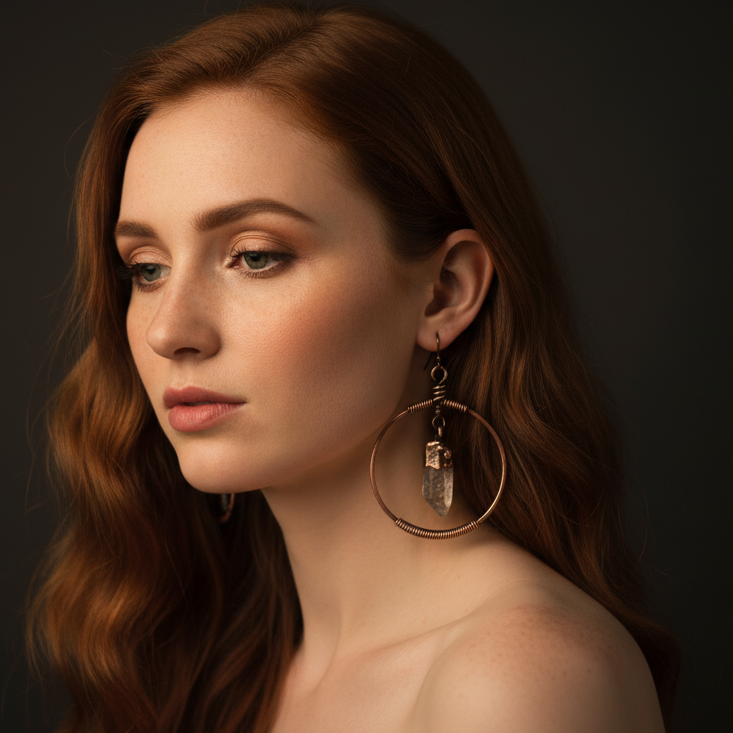 Quartz Point Hoop Earrings — Model Shot
