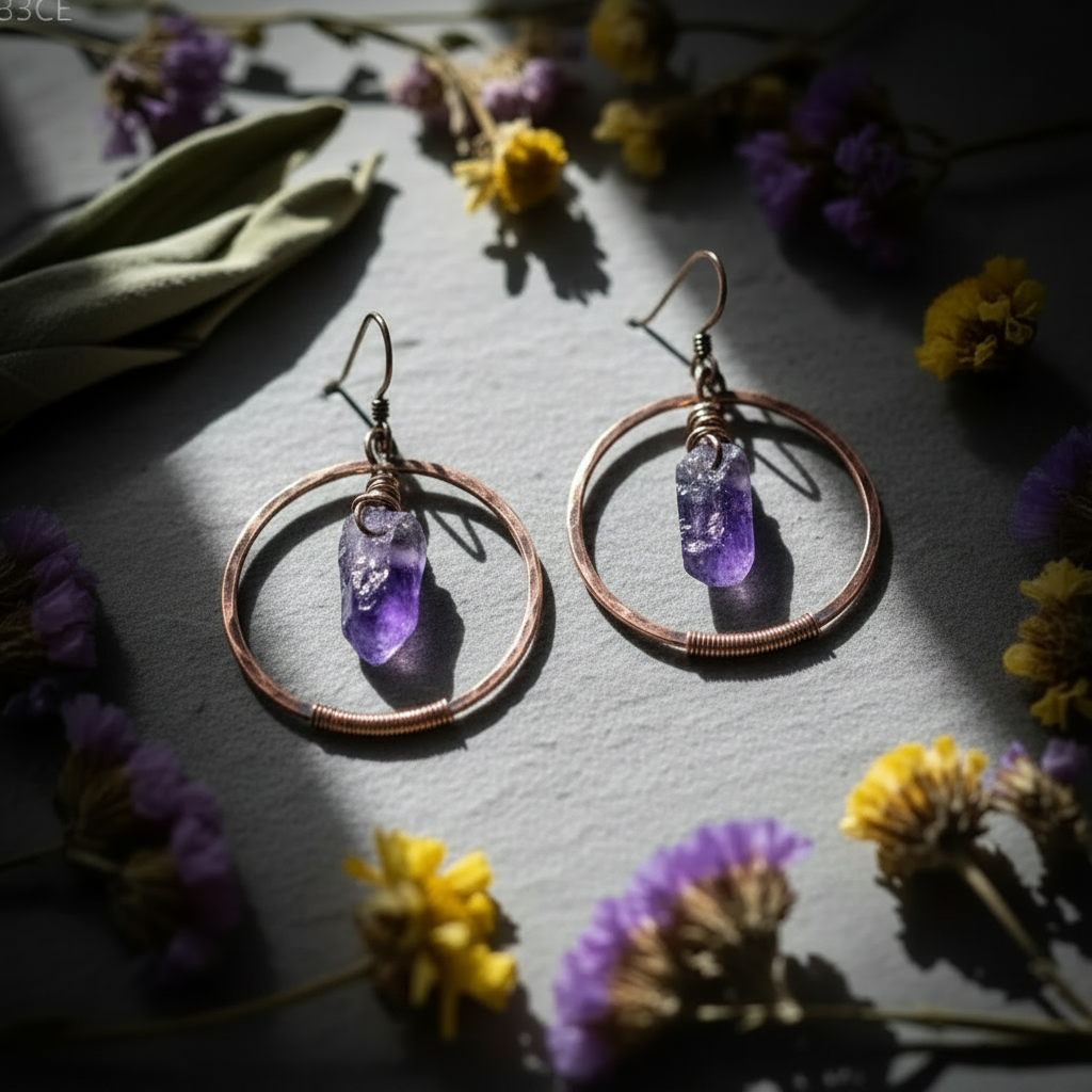 Raw Amethyst Hoop Earrings — Flat Lay 2