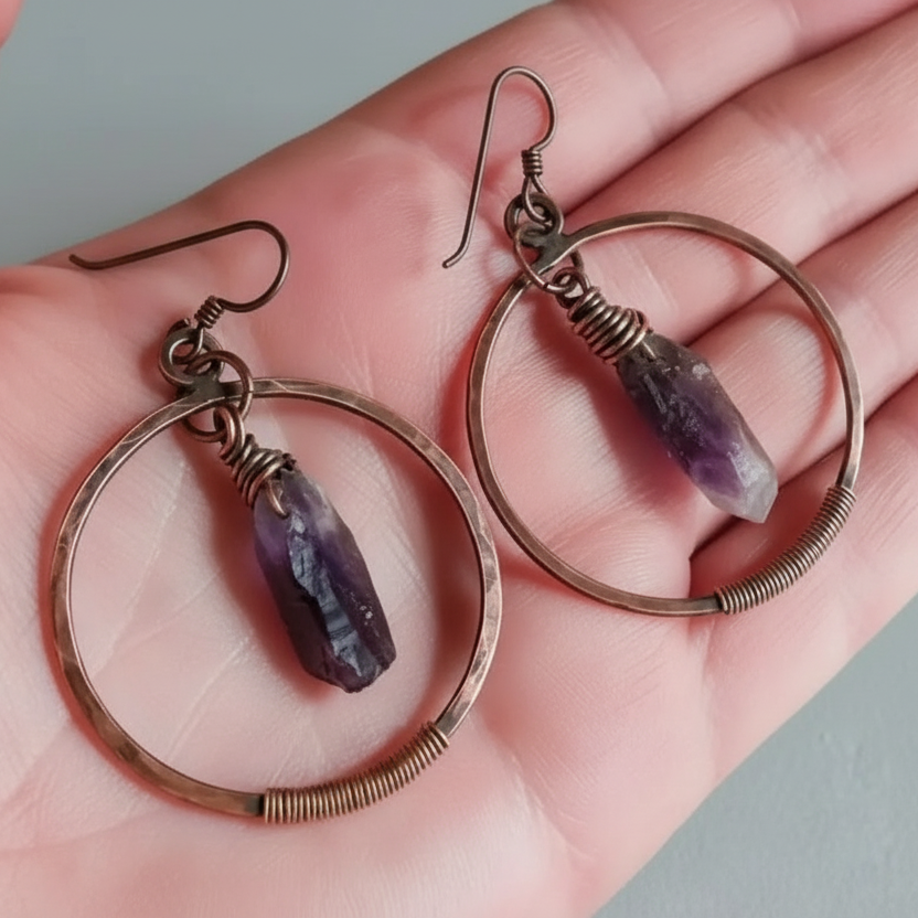 Raw Amethyst Hoop Earrings — Hand Shot