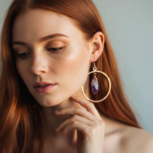 Raw Amethyst Hoop Earrings — Model Shot