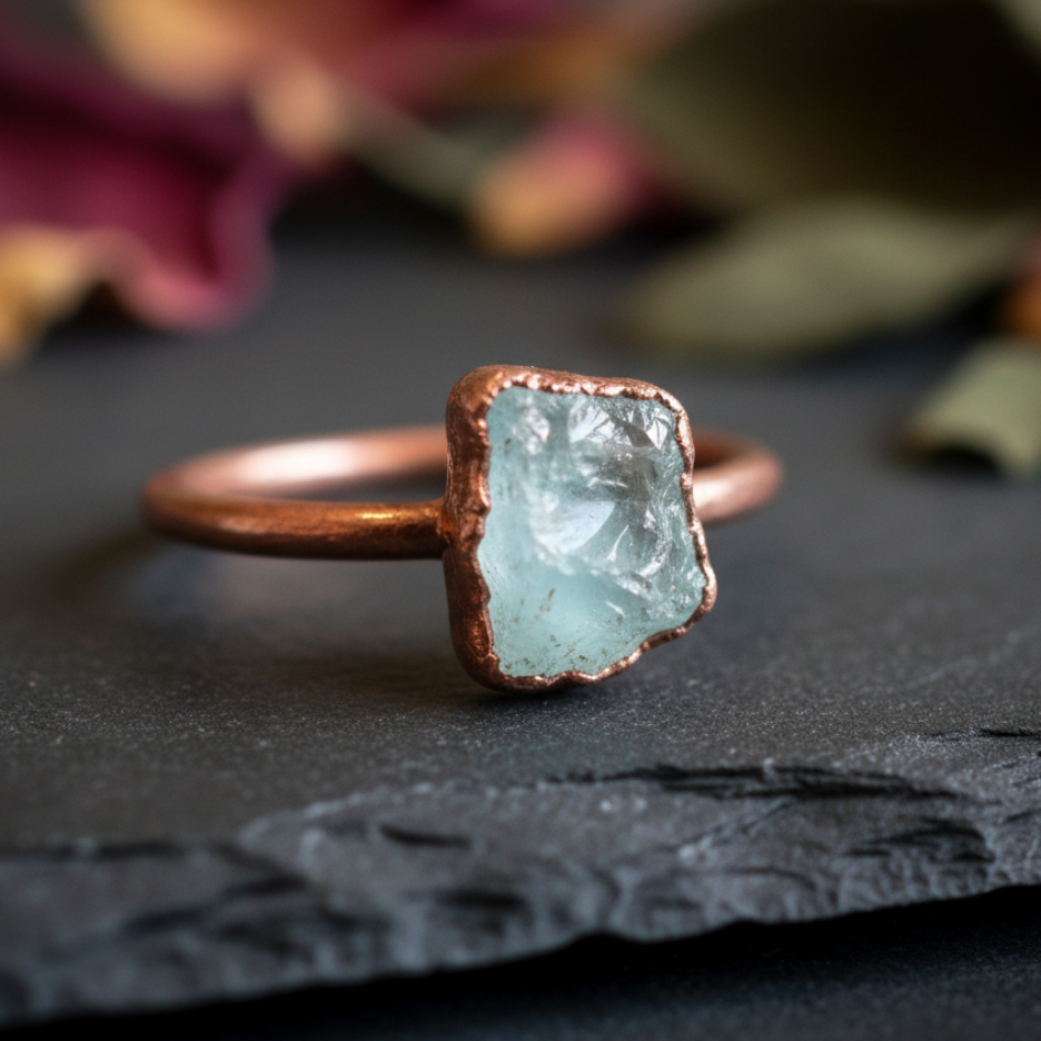 Raw Aquamarine Ring Close-Up Antique