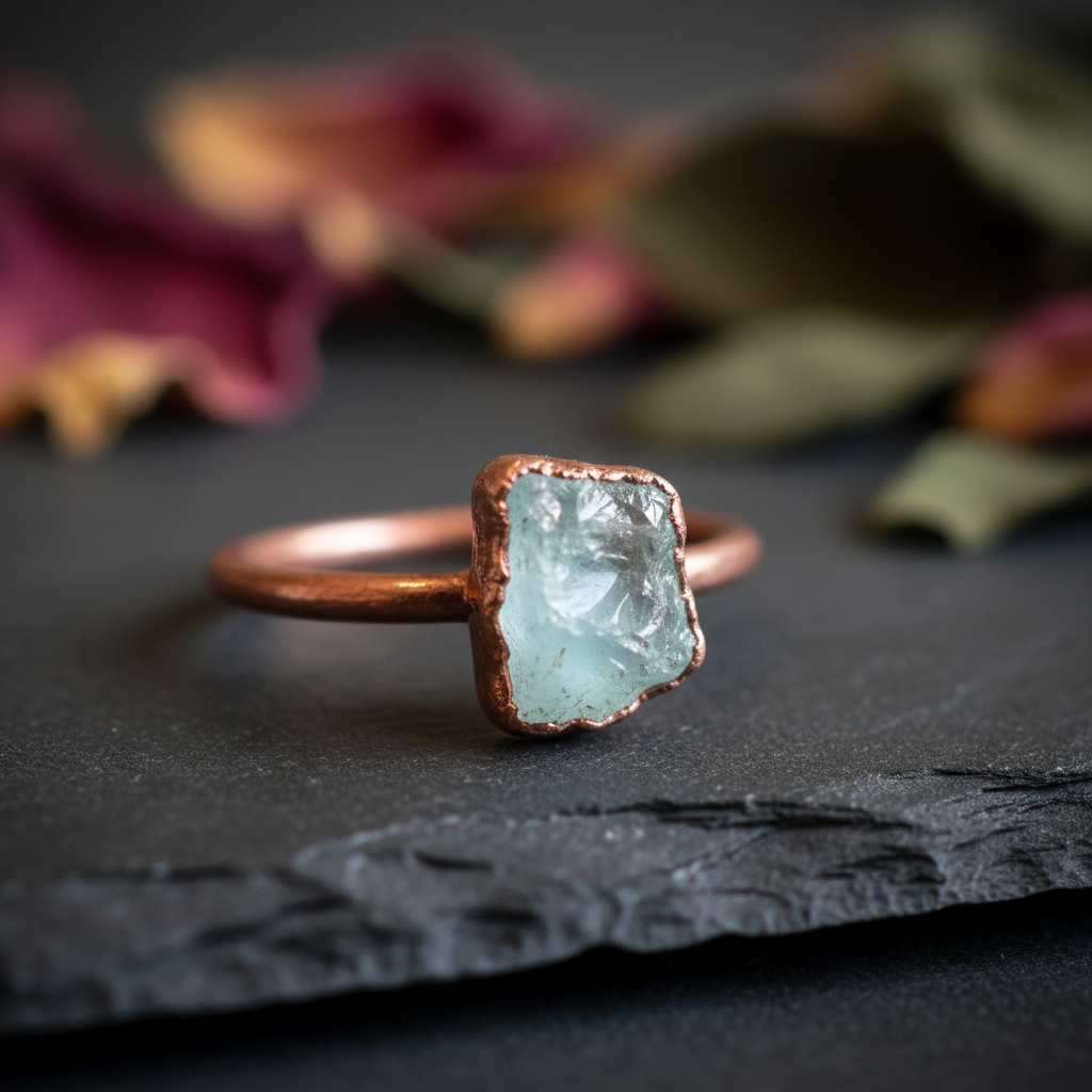Raw Aquamarine Ring Close-Up Antique