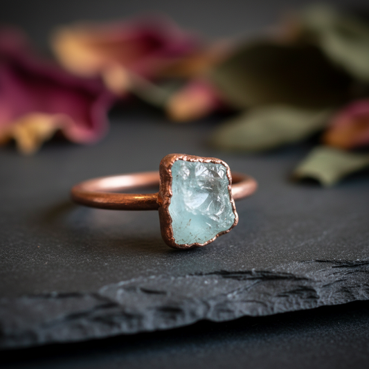Raw Aquamarine Ring Close-Up Antique