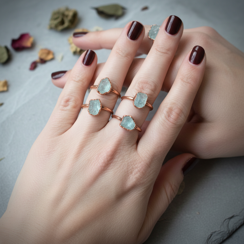 Raw Aquamarine Ring Multi Hand Shot