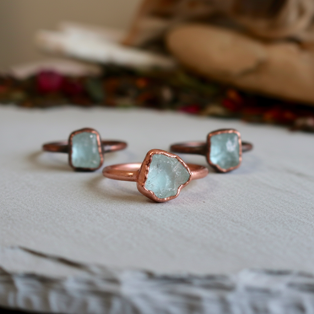 Raw Aquamarine Ring Trio Both Finishes