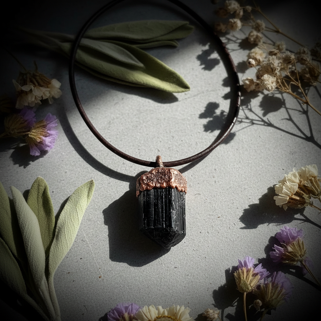 Raw Black Tourmaline Necklace Hero Flat Lay