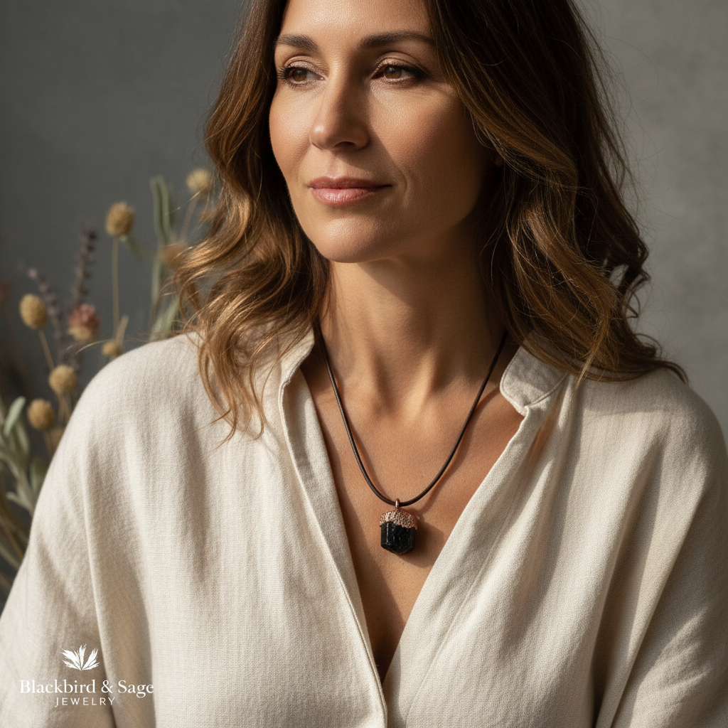 Raw Black Tourmaline Necklace Model Shot