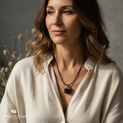 Raw Black Tourmaline Necklace Model Shot