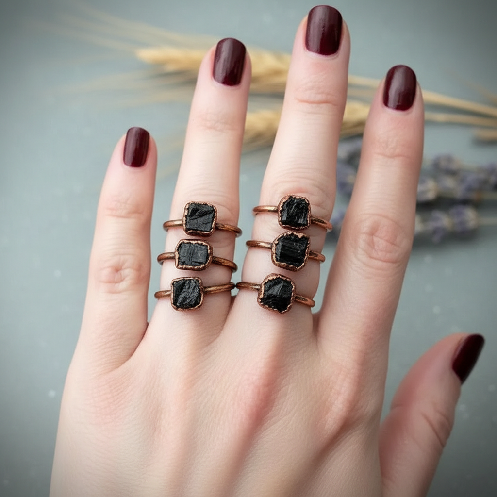 Raw Black Tourmaline Ring Stacked Hand Antique Copper