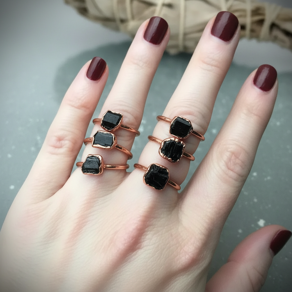Raw Black Tourmaline Ring Stacked Hand Bright Copper