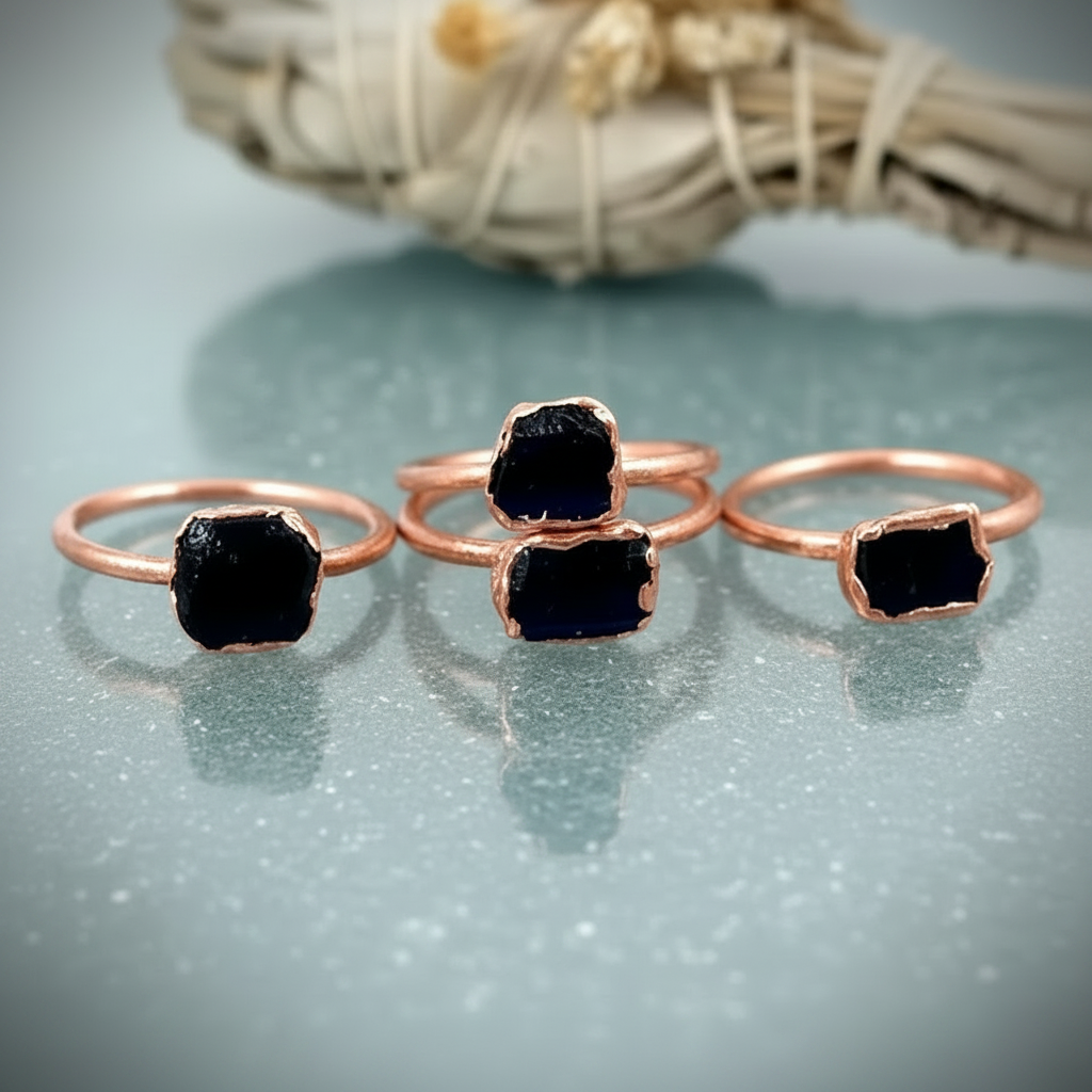 Raw Black Tourmaline Rings Brand Slate Background
