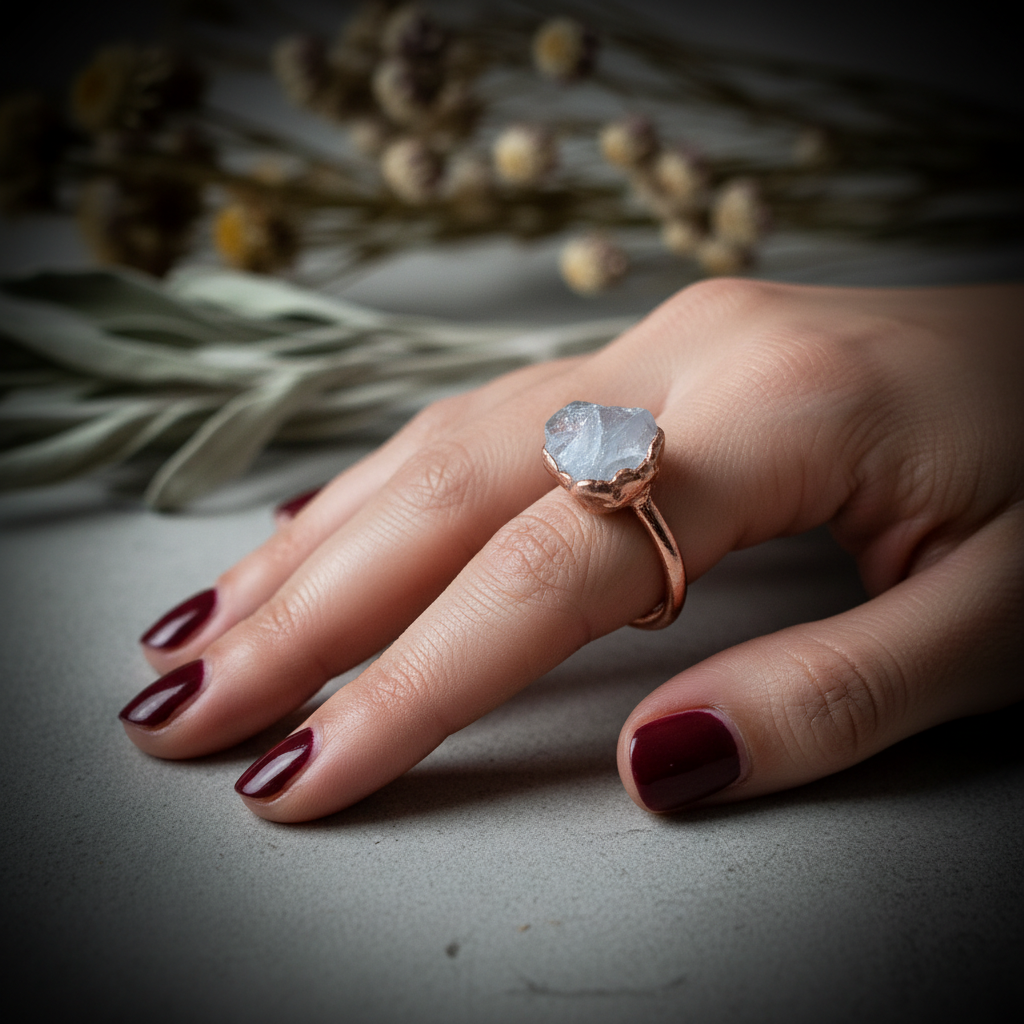 Raw Celestite Ring Hand Shot
