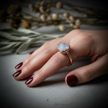 Raw Celestite Ring Hand Shot