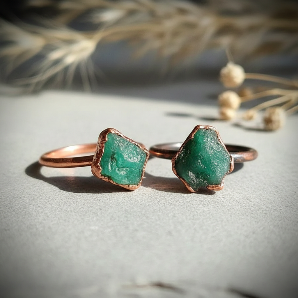 Raw Emerald Ring Close-Up Both Finishes