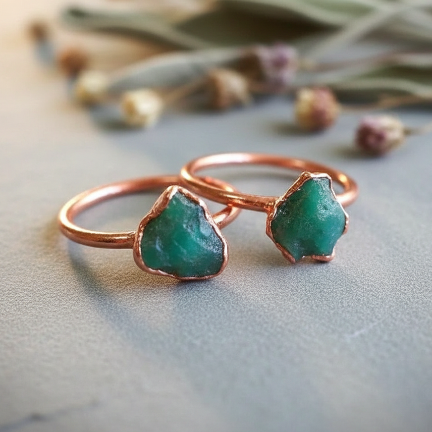 Raw Emerald Ring Trio Cluster