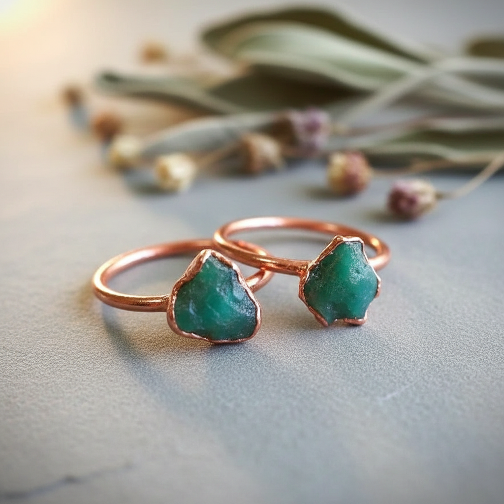 Raw Emerald Ring Trio Cluster