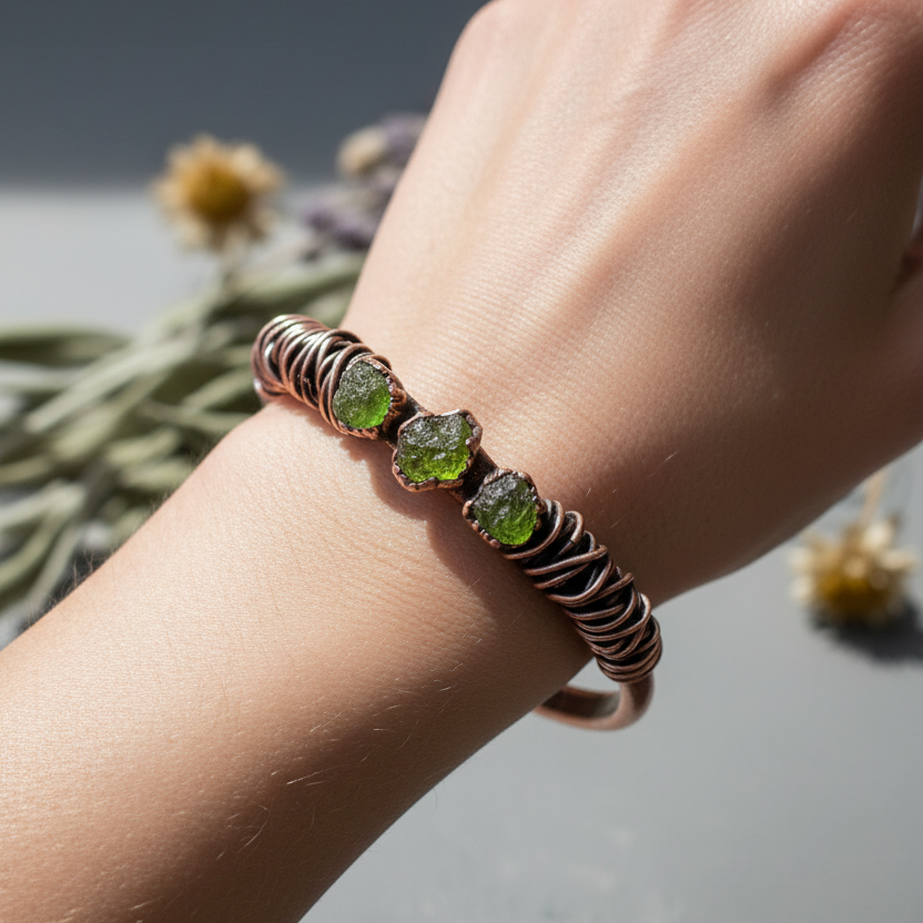 Raw Peridot Cuff — Wrist Shot