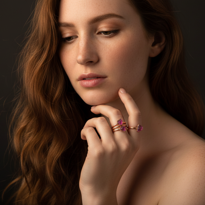 Raw Pink Tourmaline Ring — Model Shot