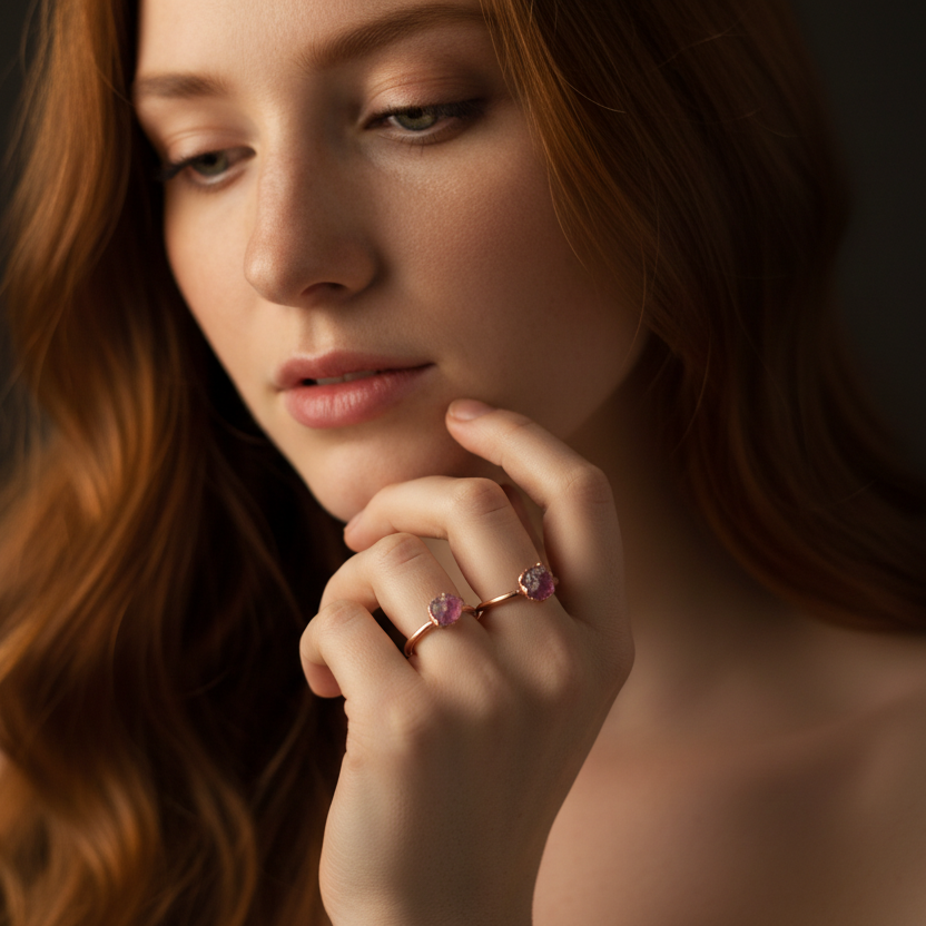 Raw Pink Tourmaline Ring — Model Shot