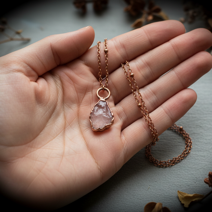 Raw Rose Quartz Necklace — Hand Shot from Model Reference