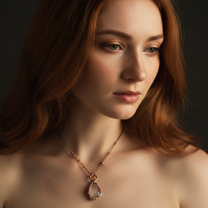 Raw Rose Quartz Necklace — Model Shot