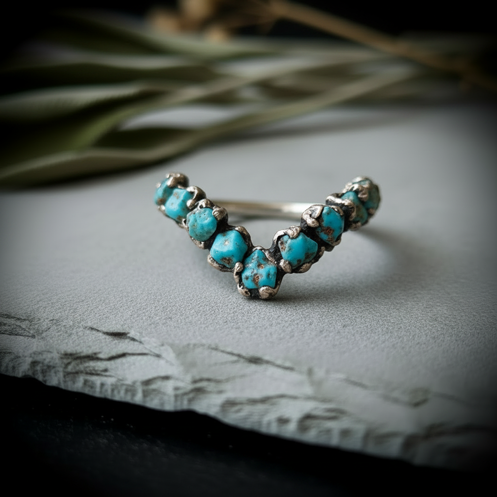 Raw turquoise silver-plated chevron ring on light grey slate with dried botanicals