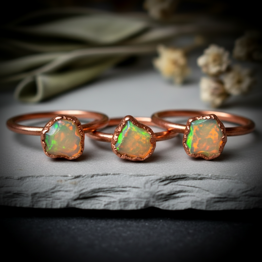 Raw Welo Opal Ring — Three Stone Fan