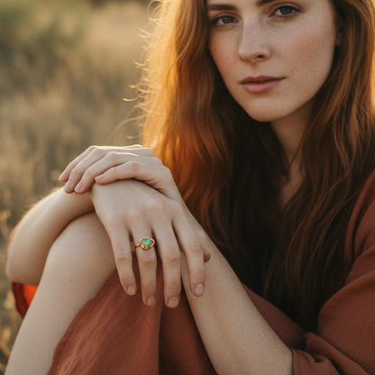 Raw Welo Opal Ring — Wrist on Knee Corrected