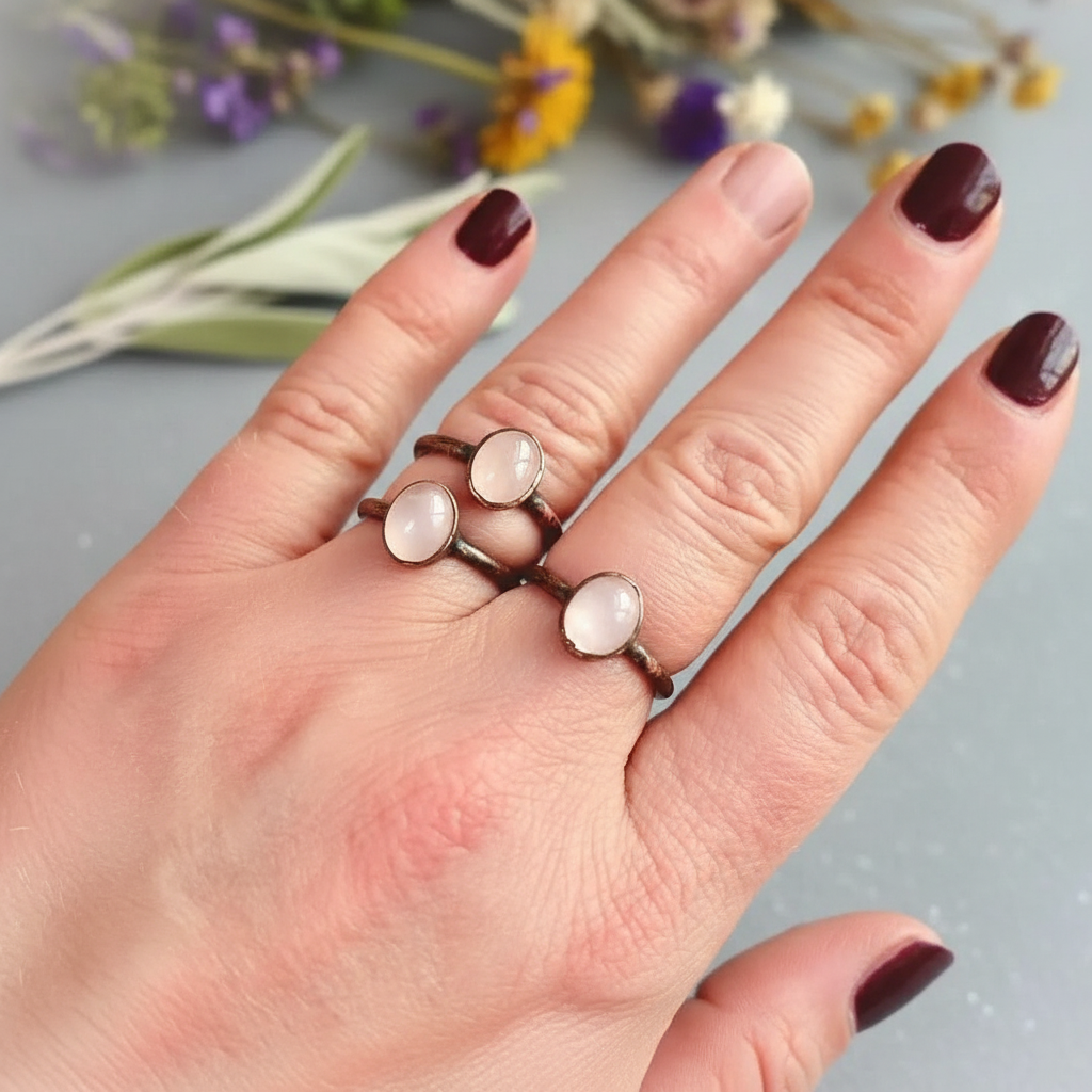 Rose Quartz Ring Hand Shot With Nail Polish