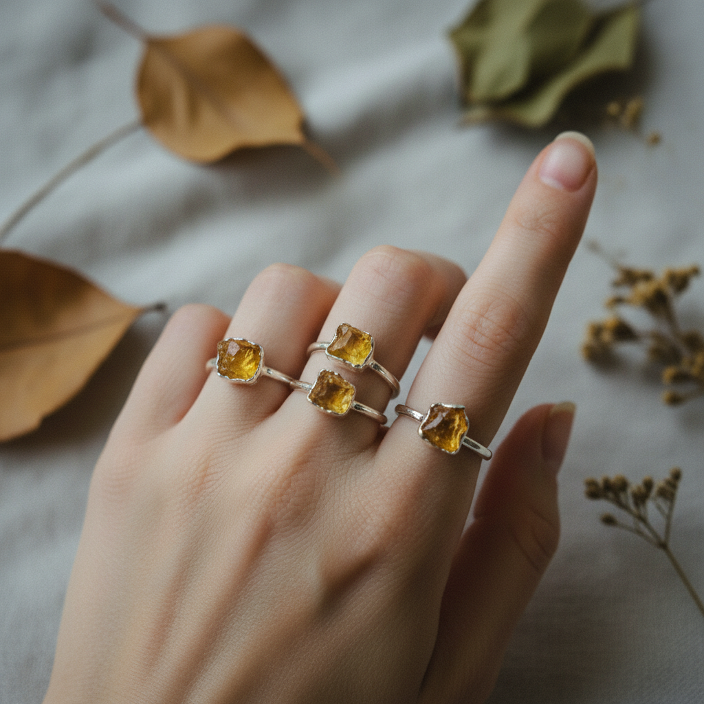 Silver citrine rings worn on hand
