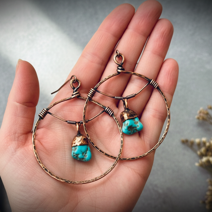 Sonoran Turquoise Hoop Earrings — Hand Shot Brand Background