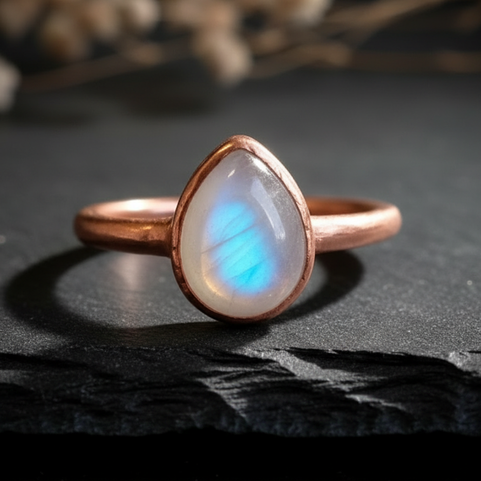 Teardrop moonstone hero close-up on dark slate