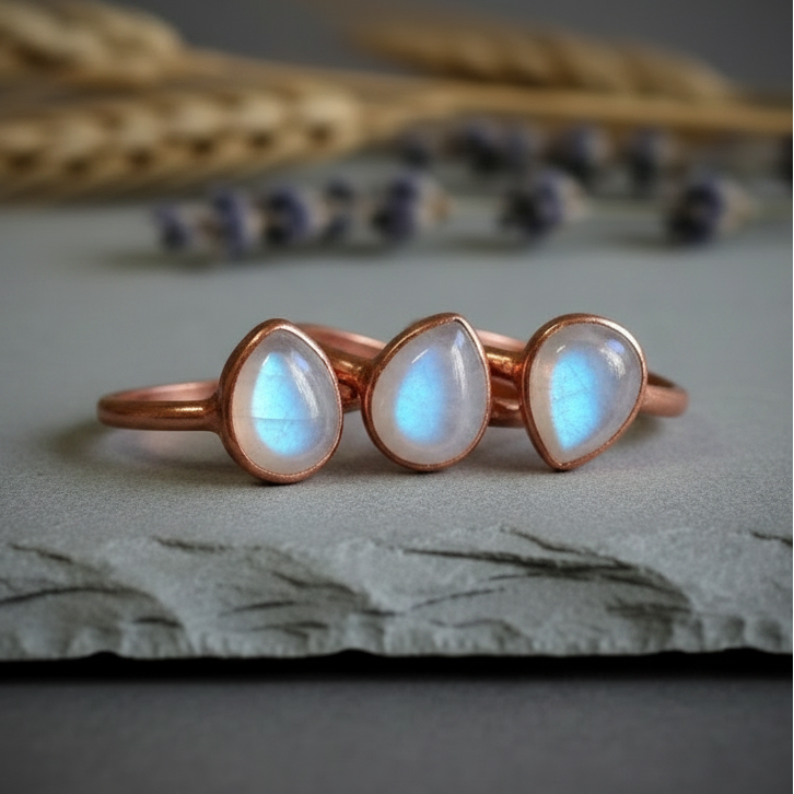 Teardrop moonstone rose copper cluster on dark slate