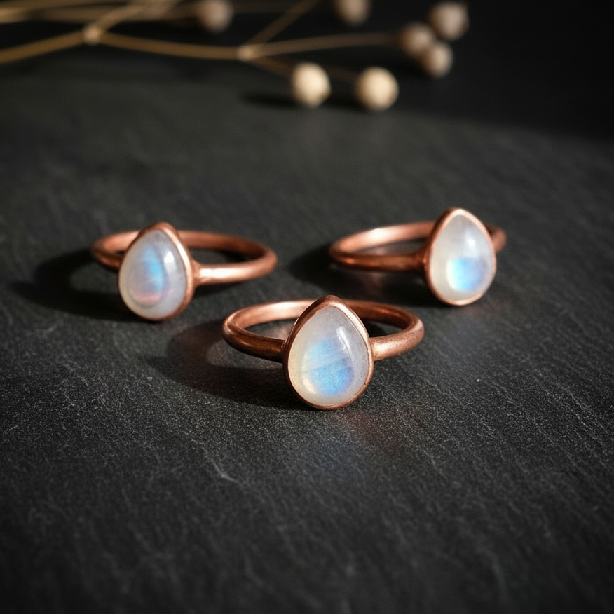 Teardrop moonstone rose copper slate flat lay 2